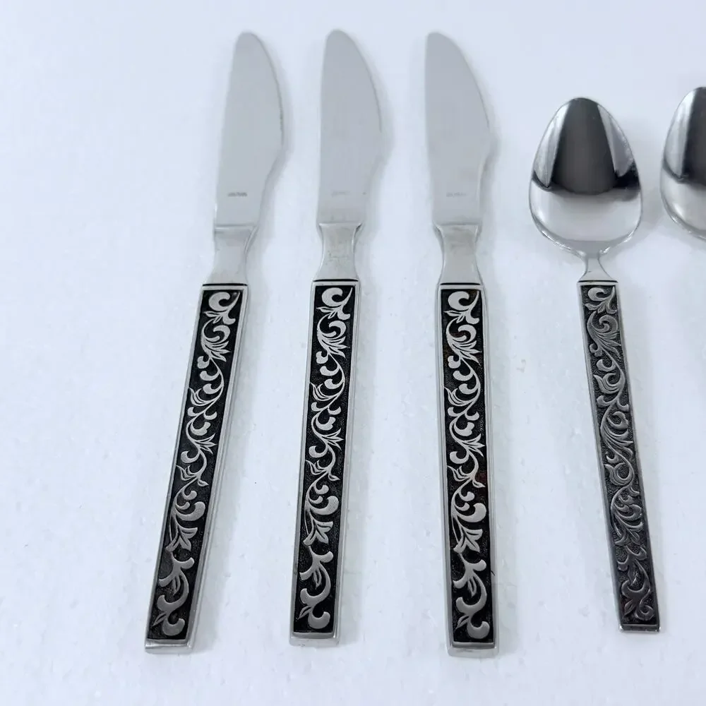 VTG Riviera Rose Stainless Flatware Japan LOT 9 Pc Black Textured Floral MCM